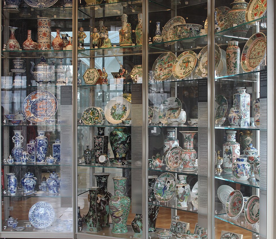 Glass-fronted cabinets displaying ceramics at the V&A