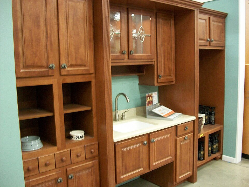 Wooden kitchen cabinets with glazed upper doors and open shelves