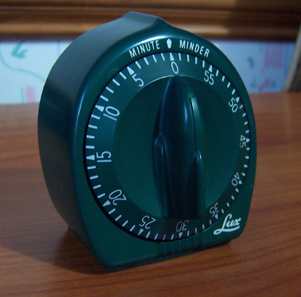 A wind-up kitchen timer